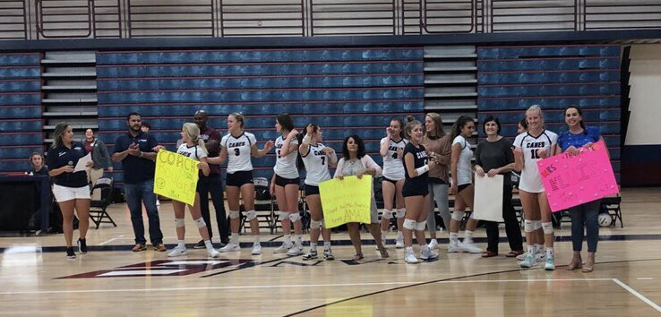 PHUVOLLEYBALL's tweet photo. It’s a 3-set sweep 🧹 for the Varsity Lady Canes over Sickles!  This is their 4th straight win as they head into the PCAC Semi-Finals tomorrow night!  Special thanks to our wonderful teachers on Teacher Appreciation Night! https://t.co/L3UnOyEUhJ