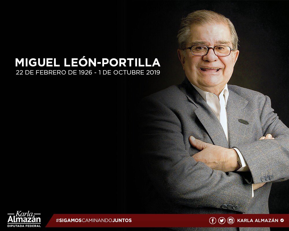 Me sumo a las condolencias a familiares y amigos por la lamentable perdida del historiador, filósofo y humanista Miguel León-Portilla.

Personaje importante que visitó y dejó huella en la cultura de Texcoco con sus obras literarias e investigaciones.