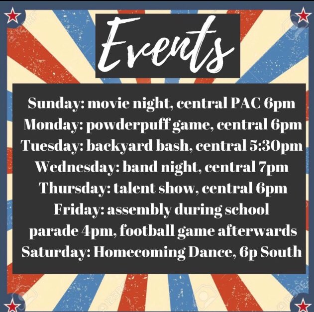 Here’s what’s happening next week. #welovehoco #movienight #mchspowderpuff #backyardbash #bandnight #talentshow #footballgame #dancedancedance