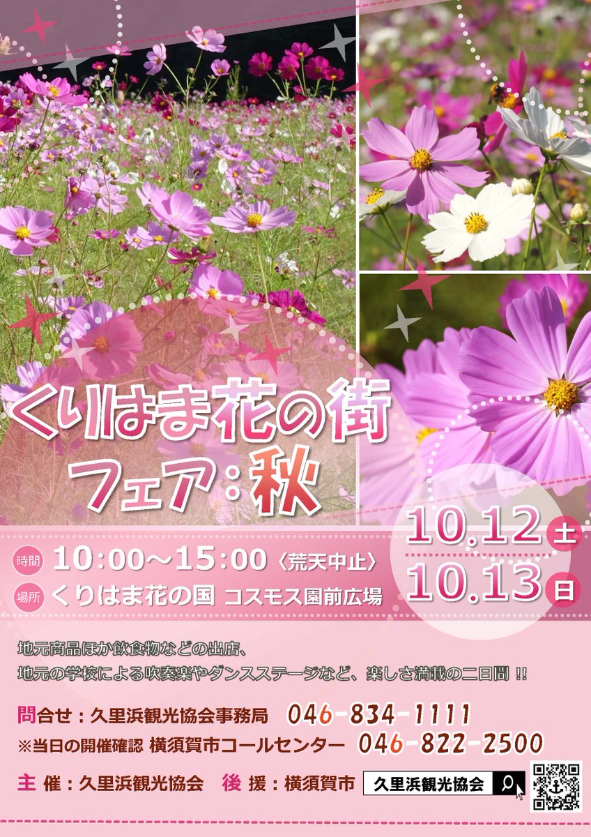 久里浜観光協会 على تويتر くりはま花の街フェア 秋 10 12 土 13 日 の二日間 くりはま花の国コスモス園前広場で くりはま花の街フェア 秋 を開催します 地元の学校による吹奏楽やダンスステージなど 楽しさ満載の二日間です 順調にいけば コスモス も