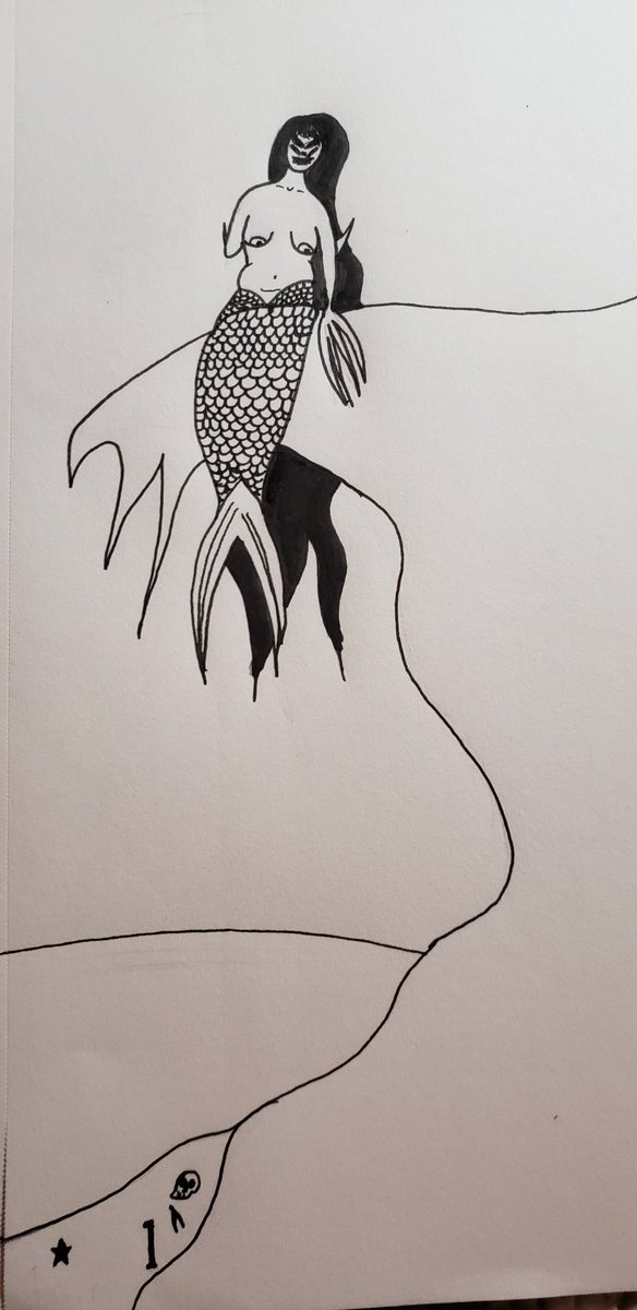 TwitchAphrodite's tweet photo. "She perches herself there on the cliffs, eating little boys who stray too far to the ocean from their mothers. She licks their bones clean, throws them to the beach below her, and uses her claw like fingers as toothpicks"
#Inktober2019 #Inktober #monstermermaid https://t.co/RewfarBBp8