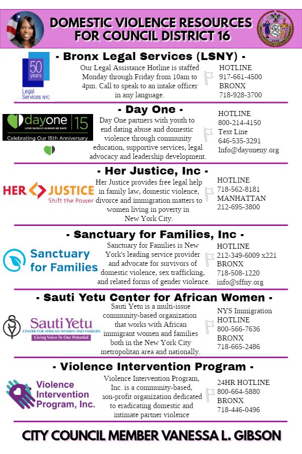 BPGibson2025's tweet photo. During #DomesticViolenceAwarenessMonth our office is sharing important information for residents and families who know of someone in need of help and services. All calls are kept confidential. Please share. #District16 #Bronx #DVServices @BxLegalServices @DayOneNY @Sautiyetu254 https://t.co/dmaSW78QHK