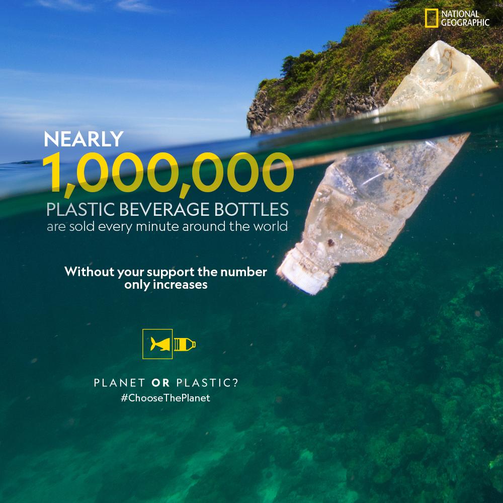 NatGeoIndia's tweet photo. In 2016 alone, more than 480 billion plastic drinking bottles were sold across the world. That’s equal to approximately 62 times the current world population! Our excess has lethal consequences. This #GandhiJayanti, take a pledge and #ChooseThePlanet. https://t.co/9BFxxPOws7 https://t.co/nXb0csOmng