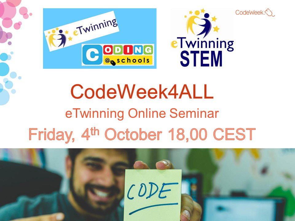 rafaelmb_1's tweet image. #Teachers Don't miss out the #CodeWeek4ALL webinar in @eTwinningEurope to learn how to participate in @CodeWeekEU Post your questions for the presenters in bit.ly/2nvQgDF and join us this friday 8th october at 18.00 CEST in bit.ly/2nIByZM #STEM