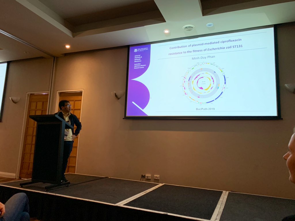 RhysTWhite's tweet photo. Next is @pmduy from @LabSchembri at @UQ_SCMB discussing the contribution of #plasmid-mediated ciprofloxacin resistance to the fitness of E. coli #ST131, particularly the association w/ the aac(6โ)-lb-cr gene #BacPath15 https://t.co/dfBScUIlUY
