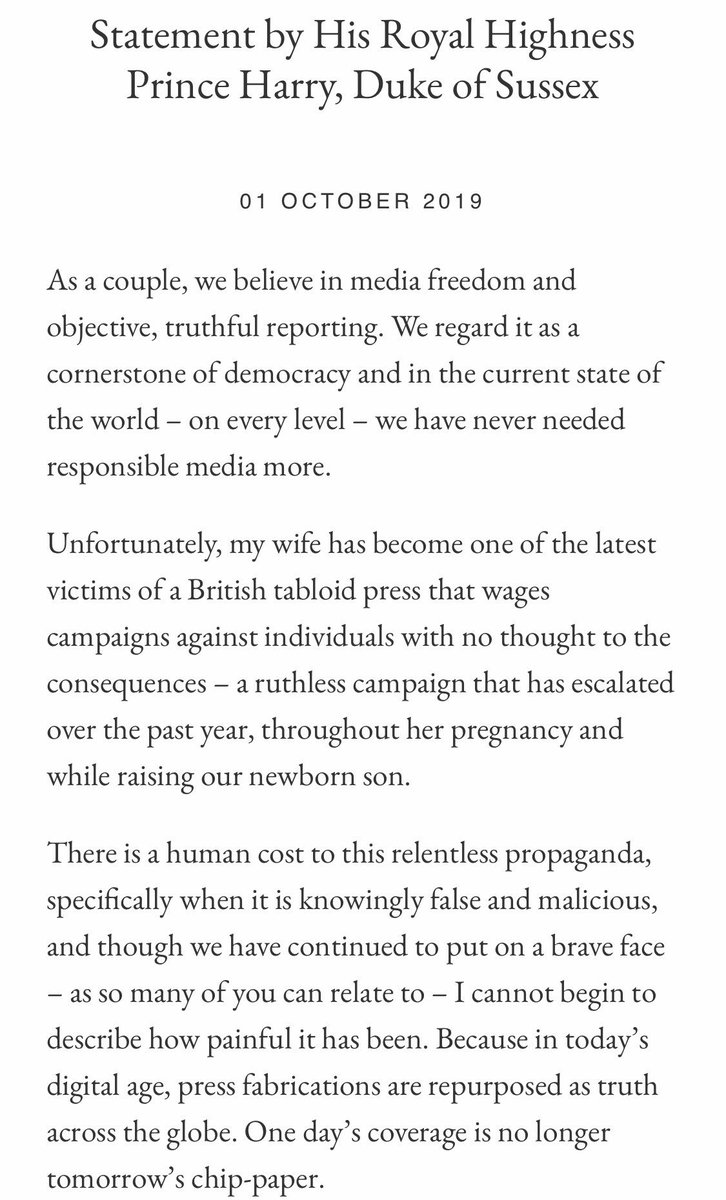 vicderbyshire's tweet photo. This statement from Prince Harry about what he describes as the bullying of Meghan by the tabloid press is incredible https://t.co/JEUVaJLNsO