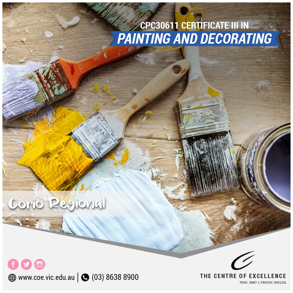 CoEGeelong's tweet photo. If you have a flair for colour or decorating, our Cert III in 🎨Painting &amp; Decorating is the certificate you need to enter this creative trade in confidence.

👉Apply now: https://t.co/GzcBidP6PX

#paintinganddecorating #tradecourses #painting #decorating #art #colors #Career https://t.co/XOrsE7GYdE