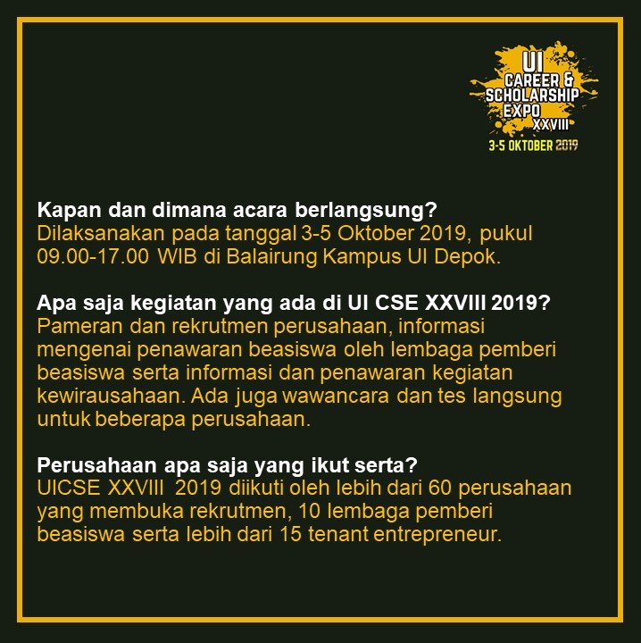 CDCUIcareer's tweet photo. Career Development Center UI (CDC UI) proudly present:
.
UI Career & Scholarship Expo XXVII 2019
🗓Kamis-Sabtu, 3-5 Oktober 2019
🏫Balairung UI, Kampus UI Depok
.
Daftarkan dirimu di https://t.co/RuTFMZG0Hy dan perhatikan tata tertibnya.
.
See you !
#careerexpo #jobfair #cdcui https://t.co/DBV8swFDAA