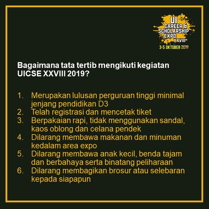 CDCUIcareer's tweet photo. Career Development Center UI (CDC UI) proudly present:
.
UI Career & Scholarship Expo XXVII 2019
🗓Kamis-Sabtu, 3-5 Oktober 2019
🏫Balairung UI, Kampus UI Depok
.
Daftarkan dirimu di https://t.co/RuTFMZG0Hy dan perhatikan tata tertibnya.
.
See you !
#careerexpo #jobfair #cdcui https://t.co/DBV8swFDAA