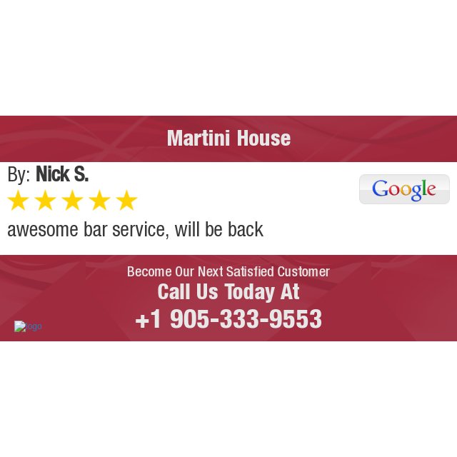 5 Star: Nick S. "awesome bar service, will be back" http:// maps.google.com/?cid=162712618…