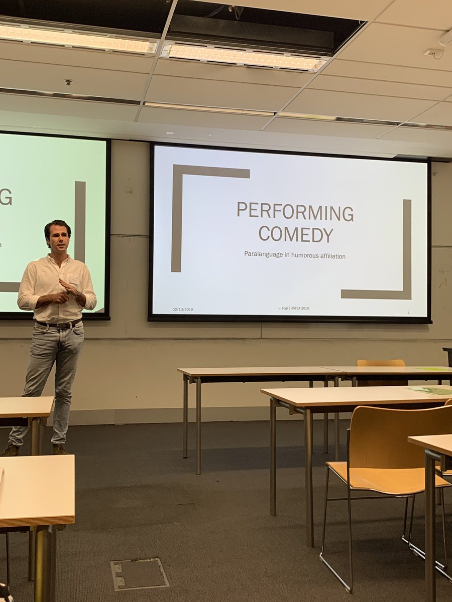 M_Zappavigna's tweet image. Entertaining &amp;amp; compelling presentation by @logi_lorenzo on dialogism, personae &amp;amp; paralanguage in humorous affiliation enacted in standup comedy #sysfunc #asfla19 #asfla2019