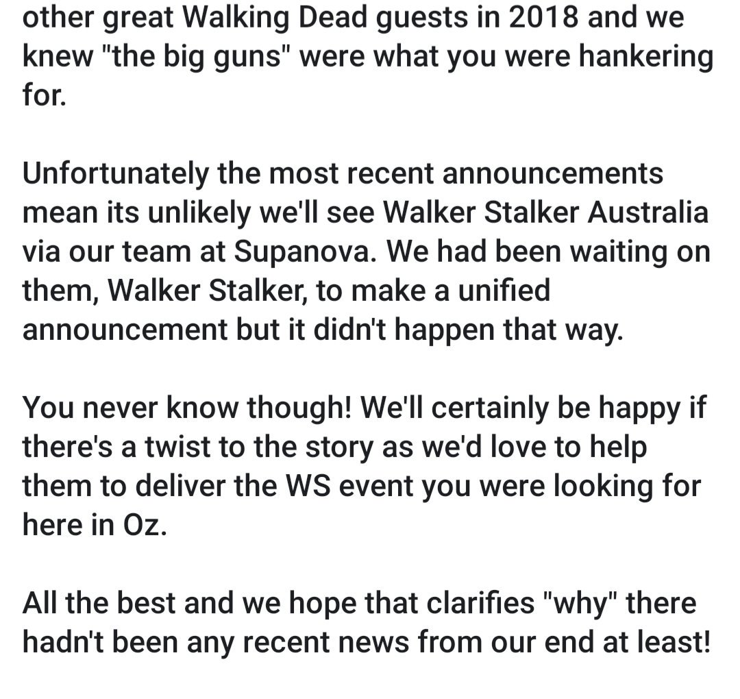 thedarylettes's tweet photo. WSC Australia update!Looks like it ain't happening in 2020 ๐ข #wsc #walkerstalkercon #wscaustralia https://t.co/qlTMFmPt25
