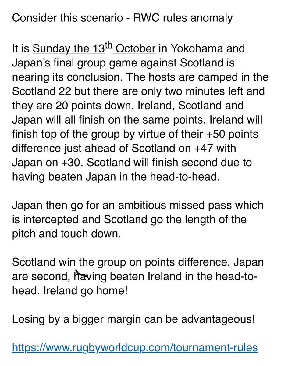 JonnyJones10's tweet photo. . @rugbyworldcup is there a flaw in the tournament rules in the case of a tie between 3 teams at the end of the pool phase? Consider this scenario: #RWC2019 #rules #poolphase https://t.co/EOnX4writX