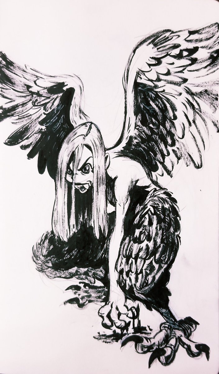 Day 1 of my first #Inktober2019? Traditional is hard... so for my sanity I'm limiting each drawing to an hour! It's a harpy, based off an old prompt list of monster girls I'll be doing for maximum October spoops