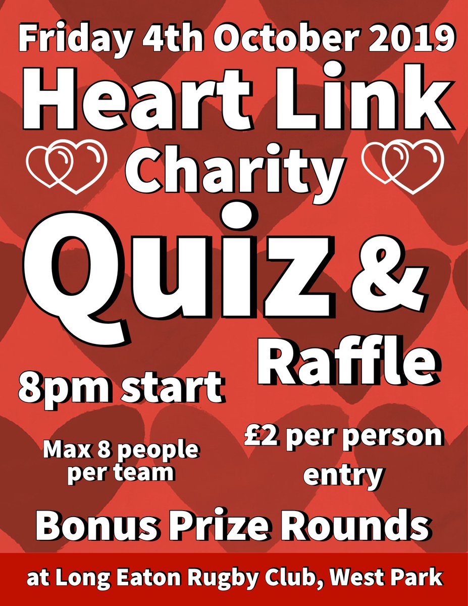 Fancying lifting the Heart Link Quiz trophy with your team this Friday 4th October. Head down 2 @LongEatonRugby to help raise funds 4 the amazing charity @Heart_Link1 Glenfield. We’ve also been supported by @EatRealSnacks & their gr8 snacks 😁 #letsgetquizical #healthiersnacking