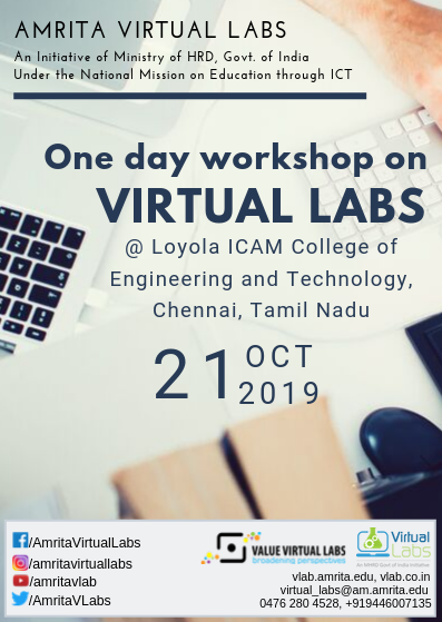 AmritaVLabs's tweet photo. #Oneday #workshop on #virtuallabs

at Loyola ICAM College of Engineering and Technology
Chennai, Tamil Nadu on 21 October 2019.

#MHRD #ICT #nodalcenters https://t.co/EICpgs97HR