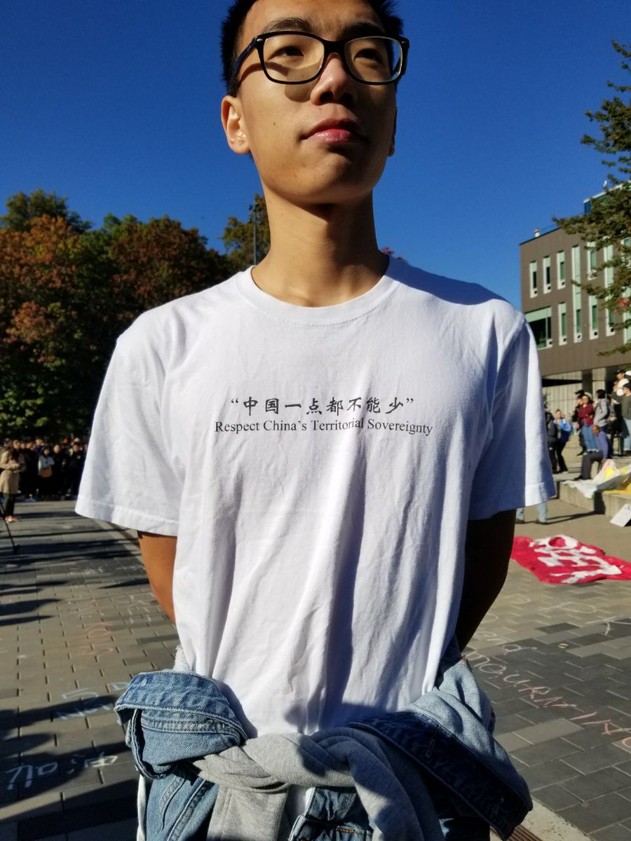 Shirt of Pro-CCP Mainland Chinese Nationalists at the UBC counter protest:"Respect China's Territorial Sovereignty""Tibet belongs to Chinatown"Uh...sure, if the Chinese gov (Chinese Community Party) stops with the human rights abuses and cultural minority group genocide.