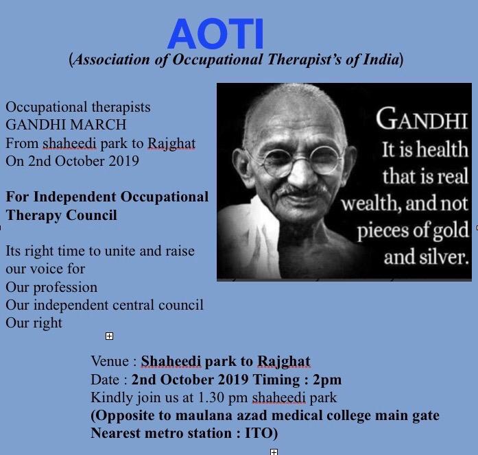 PathakDurgesh5's tweet photo. #OccupationalTherapistGandhiMarch took place for our rights for  #IndependentOccupationalTherapyCouncil serving the country since more than 60 years still don't have Central OT council  @thewfot @MoHFW_INDIA @PMOIndia @aajtak @TOIIndiaNews @DAINIKJAGRANdel https://t.co/b8eFBt0ovw https://t.co/3VaPP9R1Ss
