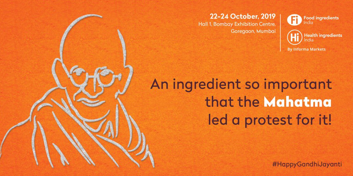 FiHiIndia's tweet photo. #MahatmaGandhi walked 240 miles to fight for our right to #salt. Let's thank him as we experience a wide range of this vital ingredient this month. Join us at #FiHi2019 to explore a variety of ingredients! 

#GandhiJayanti #FoodIngredients #HealthIngredients #FiHi https://t.co/5nQ6PNT2oD