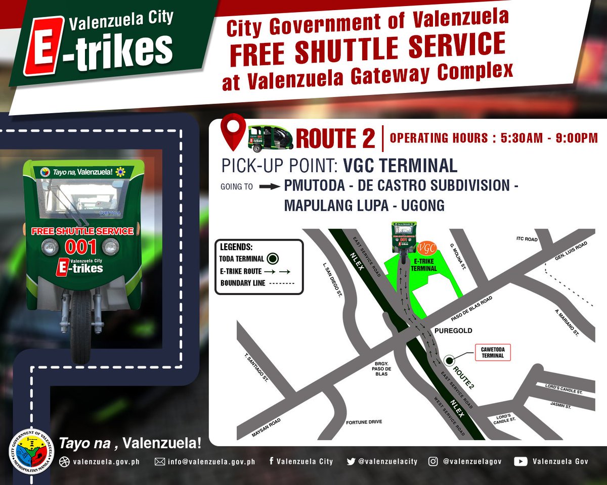 valenzuelacity's tweet photo. Kamusta ang #ETrikeFreeRide experience mo?
ICYMI: Fully operational na ang FREE P2P Shuttle Service sa VGC Terminal. #LibrengSakay mula VGC Terminal papunta sa inyong TODA Terminal. Operating hours nito ay mula 5:30 am hanggang 9:00 pm.
Narito ang mga ruta ng ating e-trikes. https://t.co/gFAAsuGu9X
