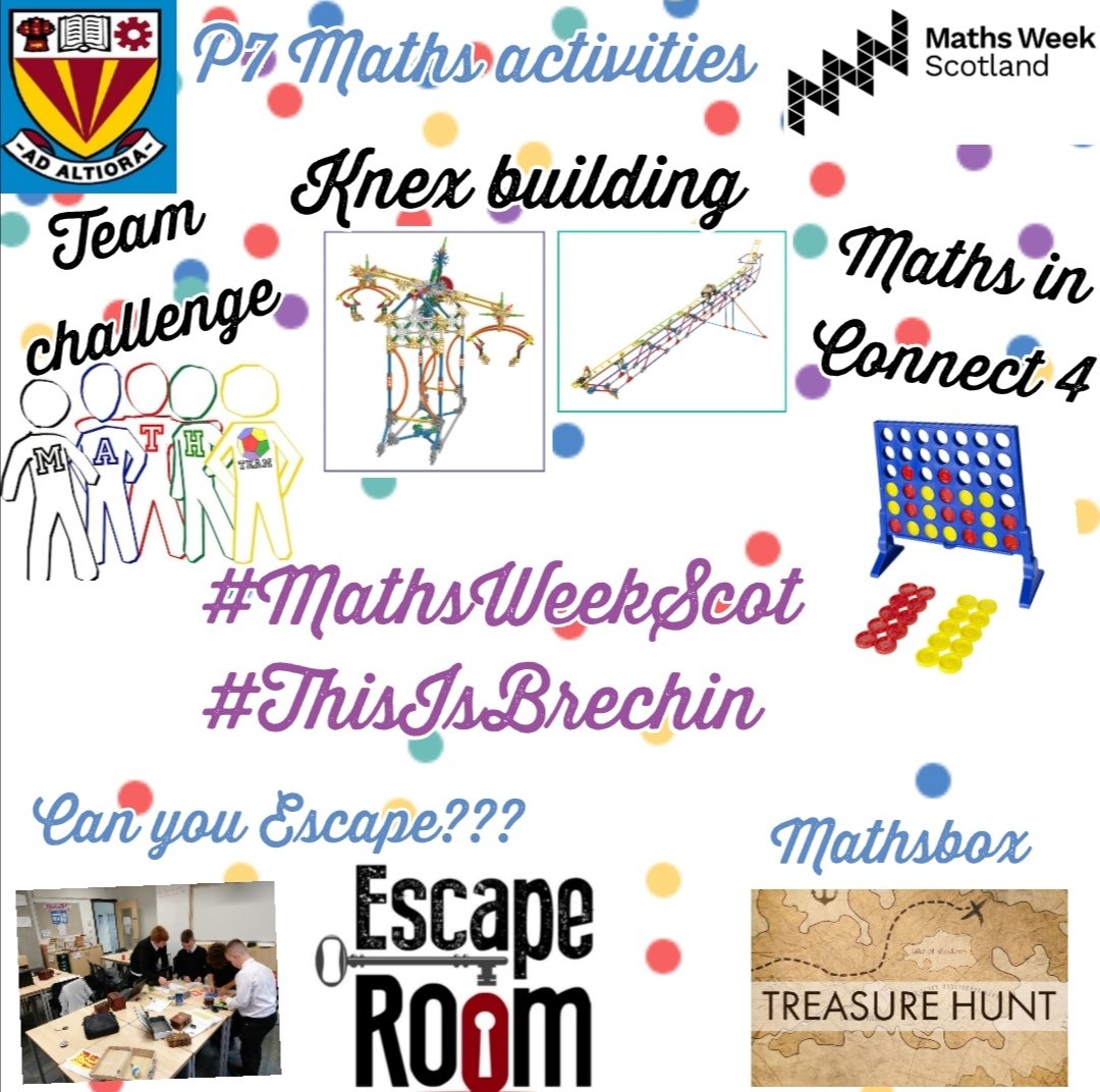 brechinhsmaths's tweet photo. Today we are looking forward to welcoming P7 pupils from @AndoverSchool, Edzell, @MaisondieuPS and @StracathroPS who are joining us for some #MathsWeekScot fun day activities. #Knex #connect4 #EscapeRoom #Mathsbox #ThisIsBrechin #OnlyTheBestIsGoodEnough https://t.co/DKtgfXSGIY
