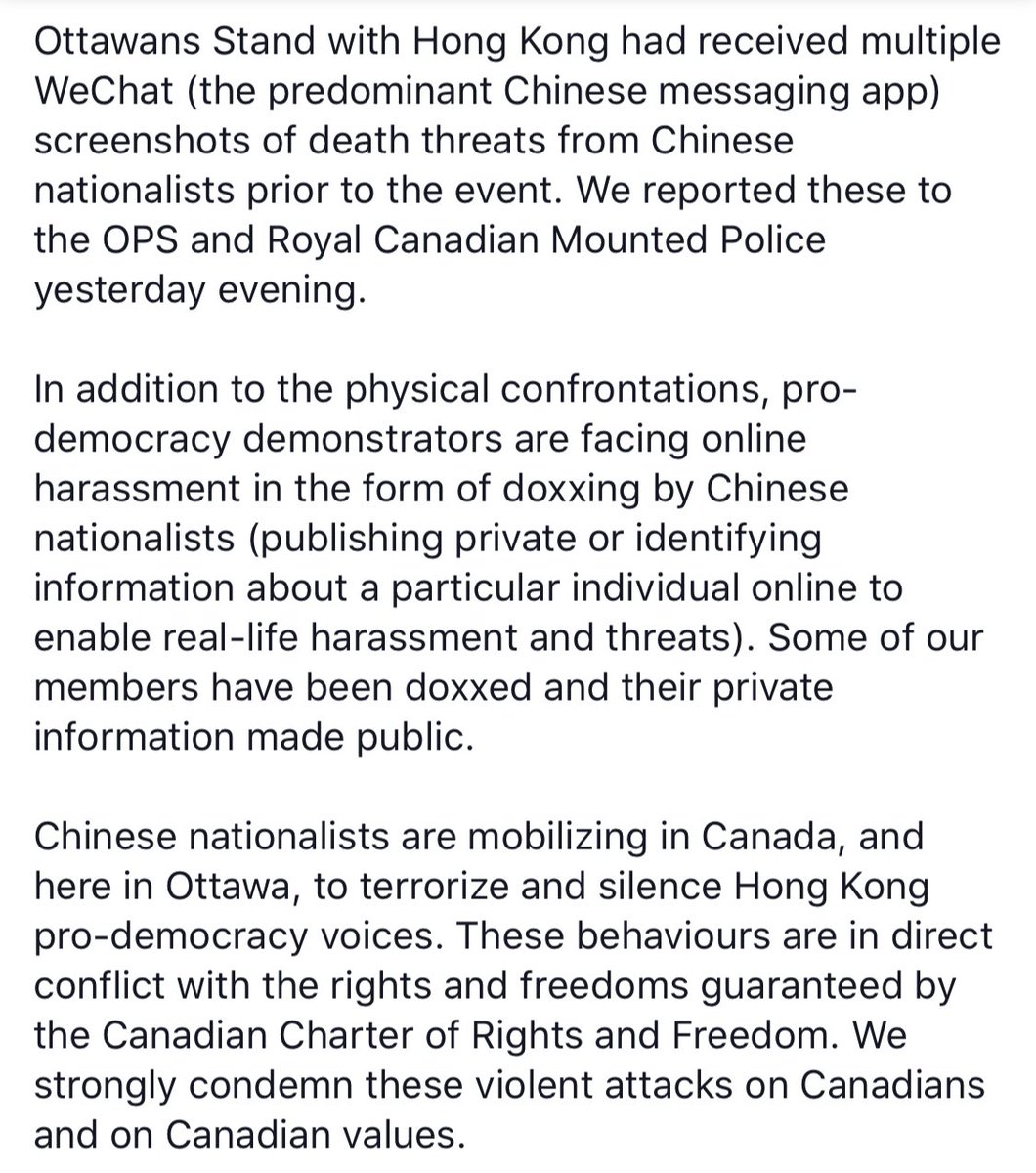 And this type of aggression by pro-CCP nationalists happened TODAY in Ottawa as well.Shared by  @chercywong, organizer out there: https://twitter.com/chercywong/status/1179262601823444992