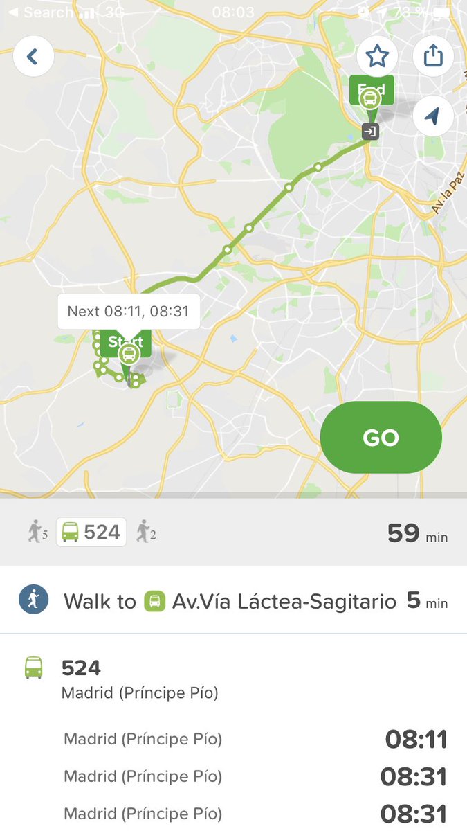 Y nuestro EFICIENTE autobús a Madrid (aka línea 524, o SotoBus) dice que tardamos en llegar a príncipe Pío:
 ¡59 MINUTOS!
Un aplauso a los que han hecho esto posible y a los que no están haciendo nada para mejorarlo 👏👏👏👏👏👏👏👏👏👏👏👏👏👏
Mostoles: BAJA CALIDAD DE VIDA