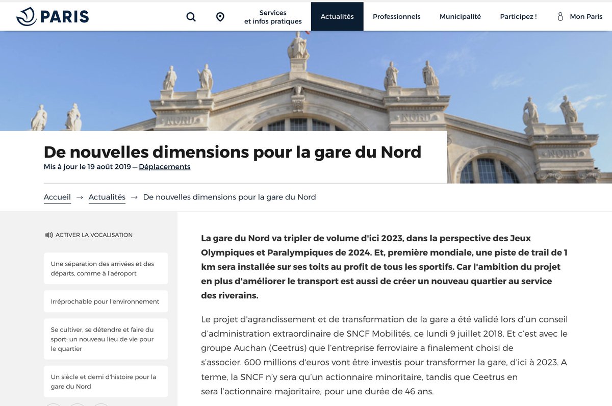 Mi-août,  @paris publiait sur son site une présentation dithyrambique du projet  #GareDuNord. La page a été supprimée puisqu’hier,  @acordebard et  @jlmissika publiaient une tribune expliquant que le projet n’était pas satisfaisant. Relisons cette présentation [thread]