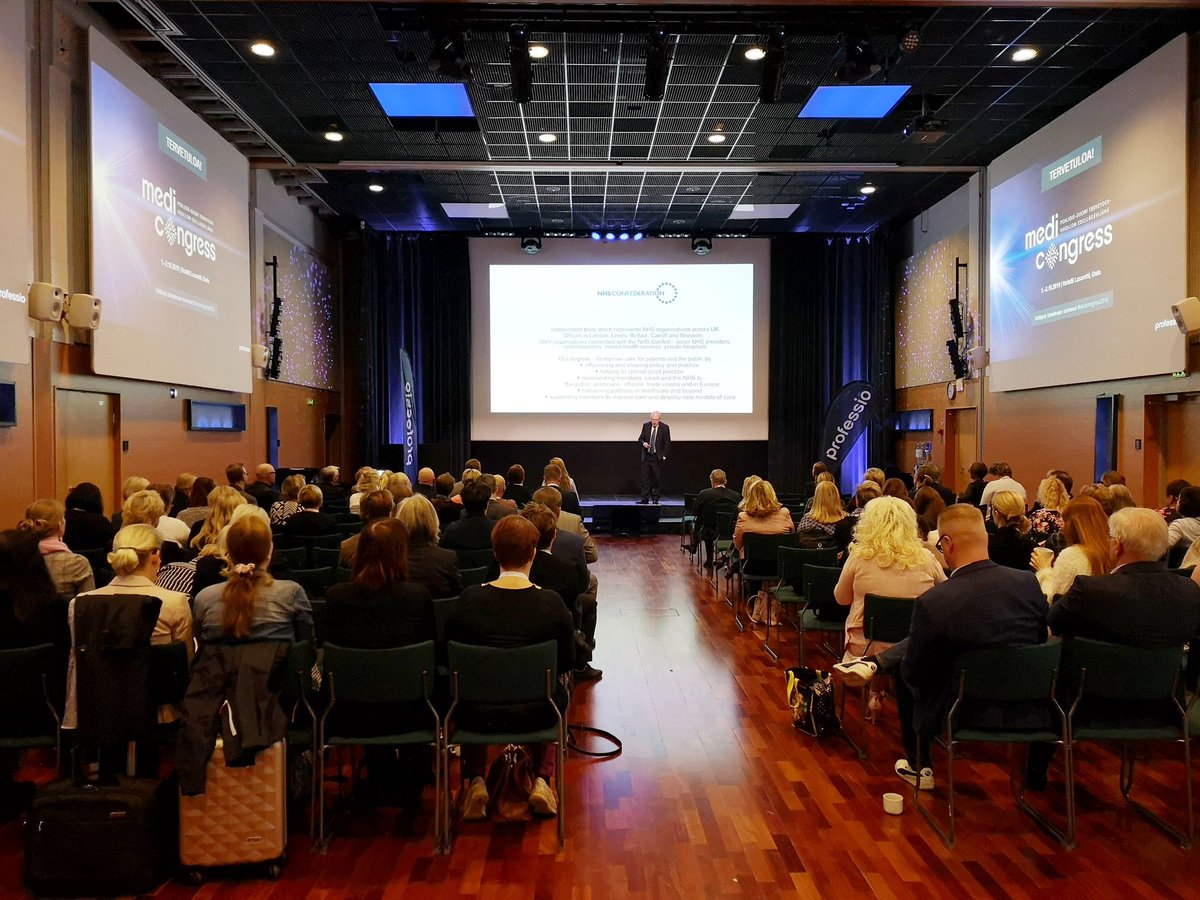 OuluHealth's tweet photo. #OuluHealth is at #Medicongress. The second day of the conference has just begun with a keynote by Niael Dickson from #NHS talking about #integratedcare. https://t.co/UYvKGpspvn