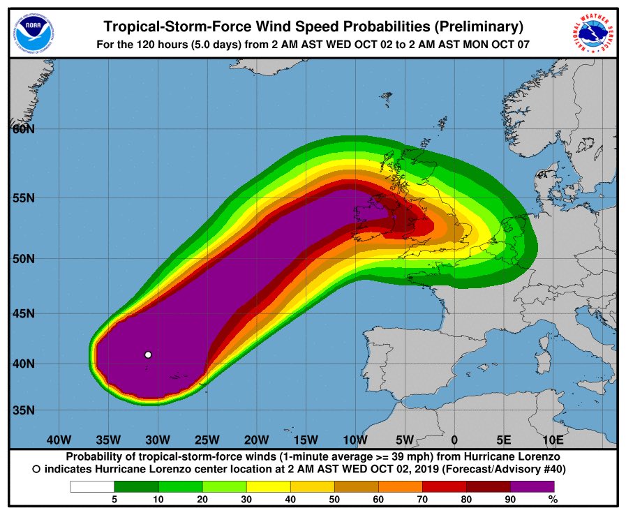 Latest from @NHC_Atlantic Maximum sustained winds are near 85 mph (140 km/h) with higher gusts. Only slow weakening is forecast during the next 48 hours, and #Lorenzo is expected to be a strong extratropical cyclone when it approaches Ireland Thursday afternoon & evening.