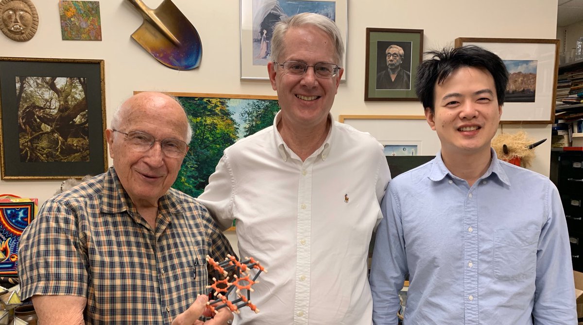 John_Badding's tweet image. Visiting @NSF_CNC  member Roald Hoffmann @CornellChem with Bo Chen to discuss the latest in #nanothread research.  Roald is holding a 3D model of the benzene phase 2 reactant that transforms into nanothreads.