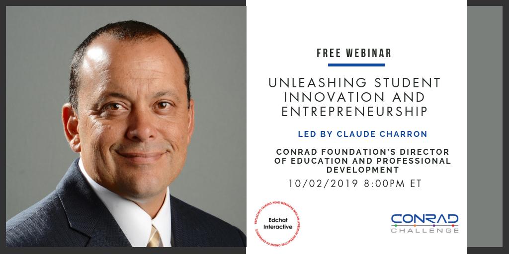 ConradChallenge's tweet photo. TODAY! Don't miss Claude Charron's #edchatinteractive webinar on the Conrad Design Method for #21stcenturylearning and the #4Cs. Register here: https://t.co/QFosNIm6rx @tomwhitby @web20classrom @weisburghm https://t.co/SVDlfYdcoL