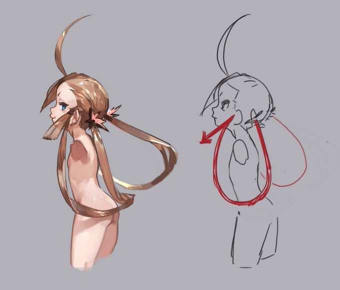 @pokeimagination 1:前髪だけ残し、他全ての髪を後頭部左右で普通におさげにする。
2:それを脇の下に通し、もみあげまで持ってくる。
3:もみあげと重ねて耳の前に垂らす。
という感じです! この赤矢印の通りですね。 