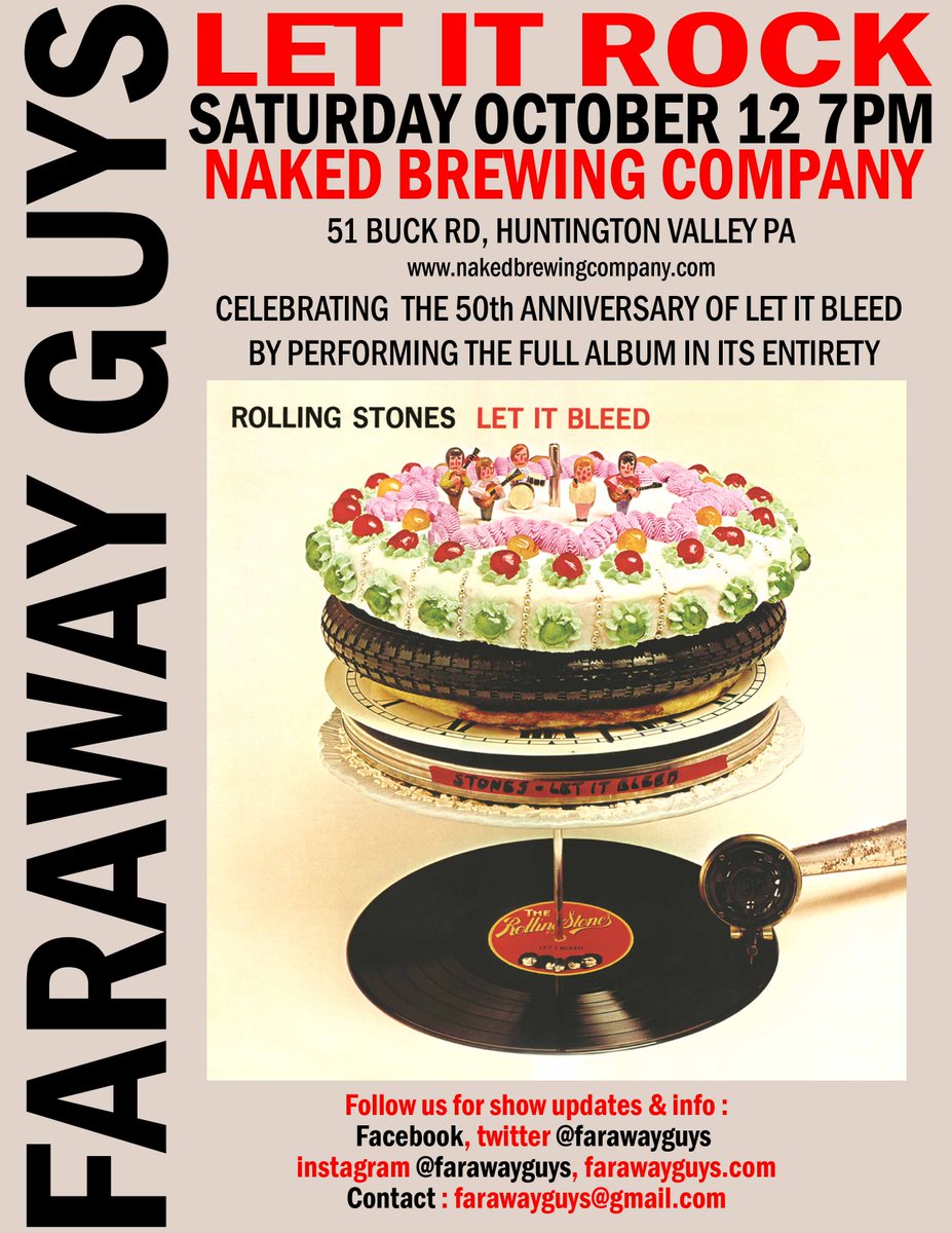 The Countdown is on ! Only 10 days until our next show. Our tribute to the 50th Anniversary of Rolling Stones - Let It Bleed. We'll be performing the album in its entirety 
Sat Oct 12 7pm at <a href="/NakedBrewingCo/">Naked Brewing Co.</a> You don't want to miss this one !