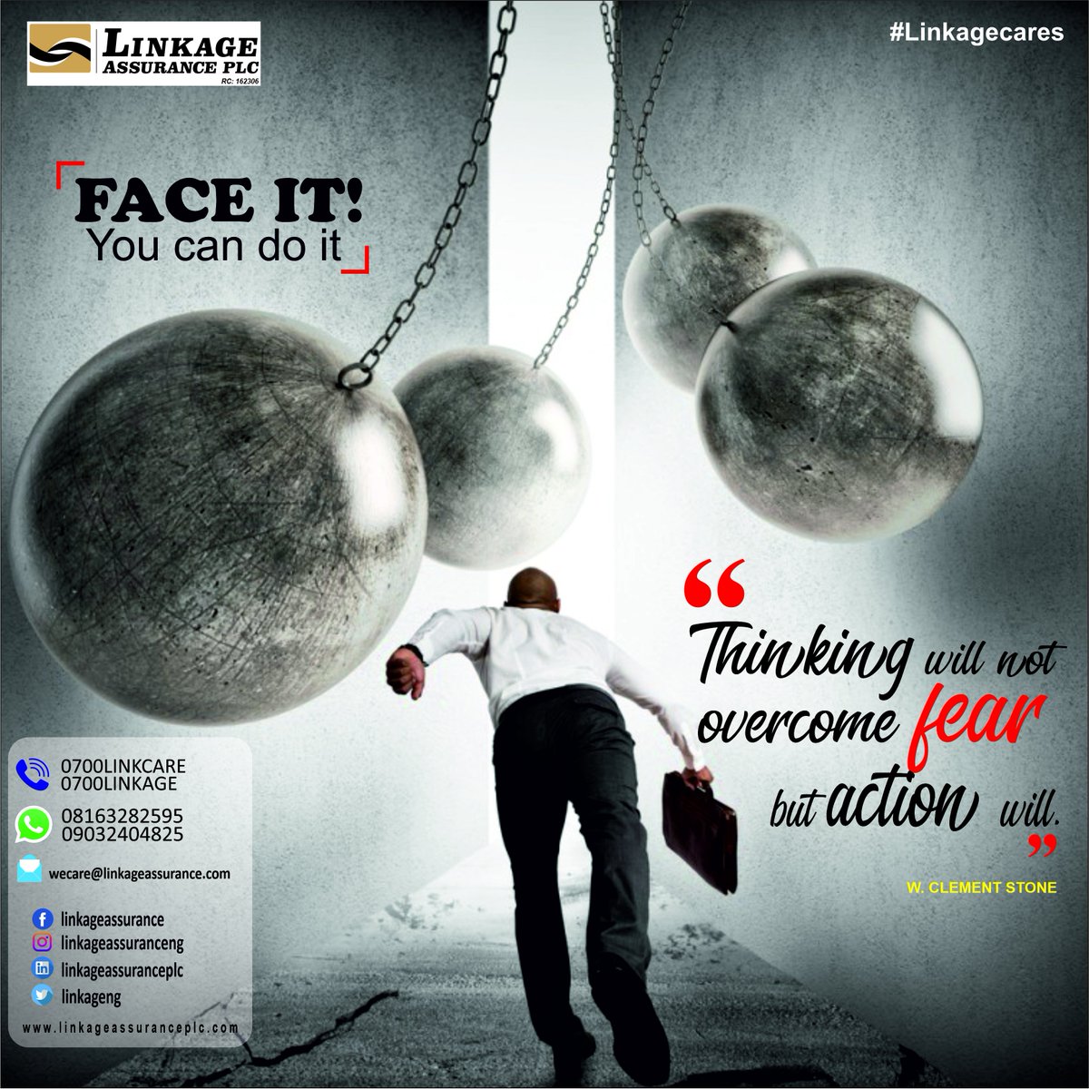 Everything we want in life is on the other side of fear.
It is impossible to reach our true potential if we don’t face our greatest fears.

Face it!
Believe in yourself!
You can do it!

#Linkagecares #InspirationalTips #Motivation #insurance  #MotorInsurance #ProtectionThatCounts