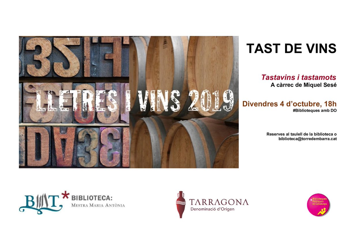 ✍️🏻Aproximació a l’apassionant món del vi, combinant-lo amb tot un reguitzell de jocs de paraules. Entre tast i tast, entre explicació i explicació, els assistents jugaran amb enigmes de paraules relacionats amb els vins.
📆 Divendres, 18 h
📍@bibliolatorre #Torredembarra