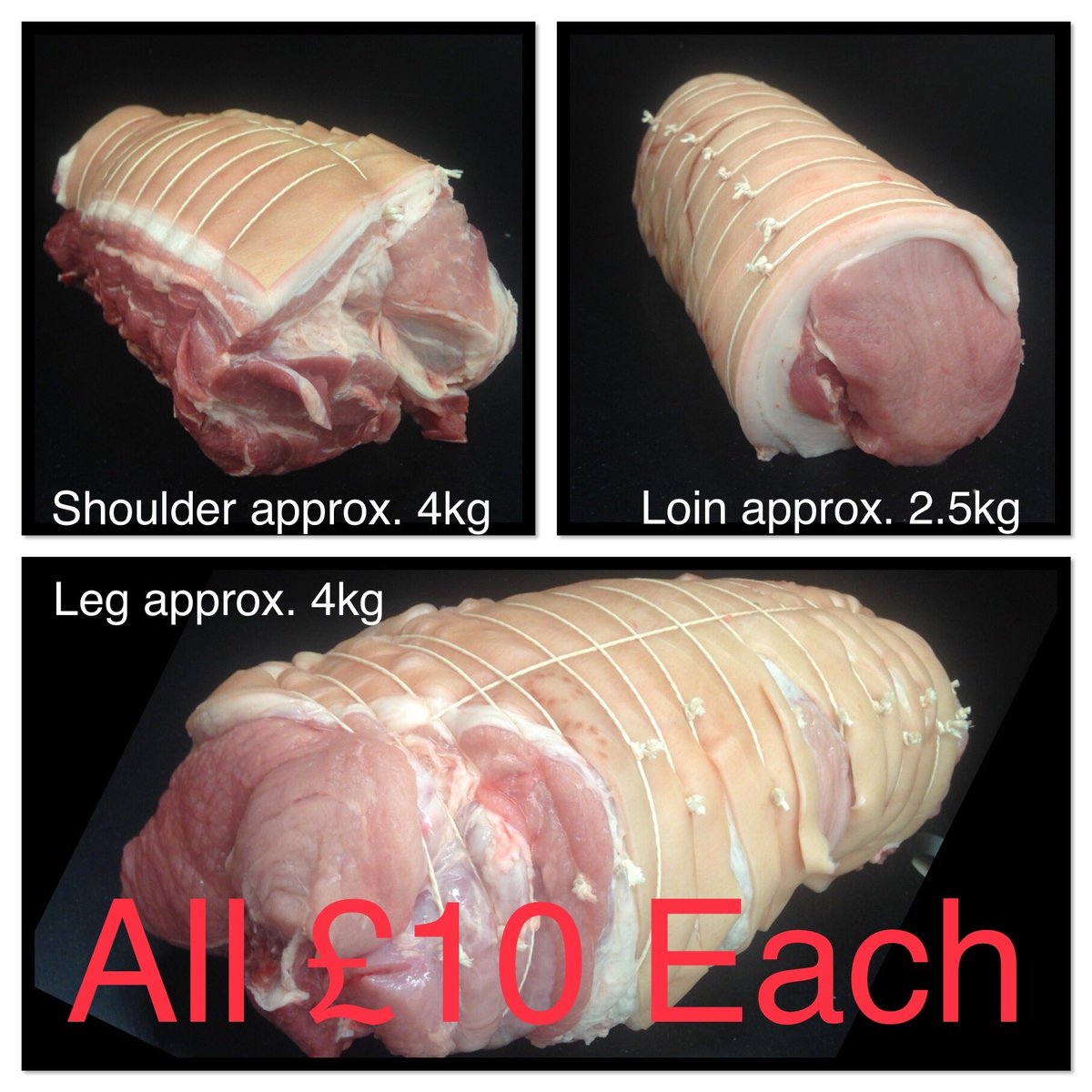***Whole pork joints £10.00 each*** 

🇬🇧🇬🇧🇬🇧🇬🇧 BUY BRITISH 🇬🇧🇬🇧🇬🇧🇬🇧

Whole English pork joints £10, choose from: Leg joints approx 4kg, Shoulder joints approx 4kg and Loin joints approx 2.5kg. These are butchered in house and are from local red tractor approved suppliers.