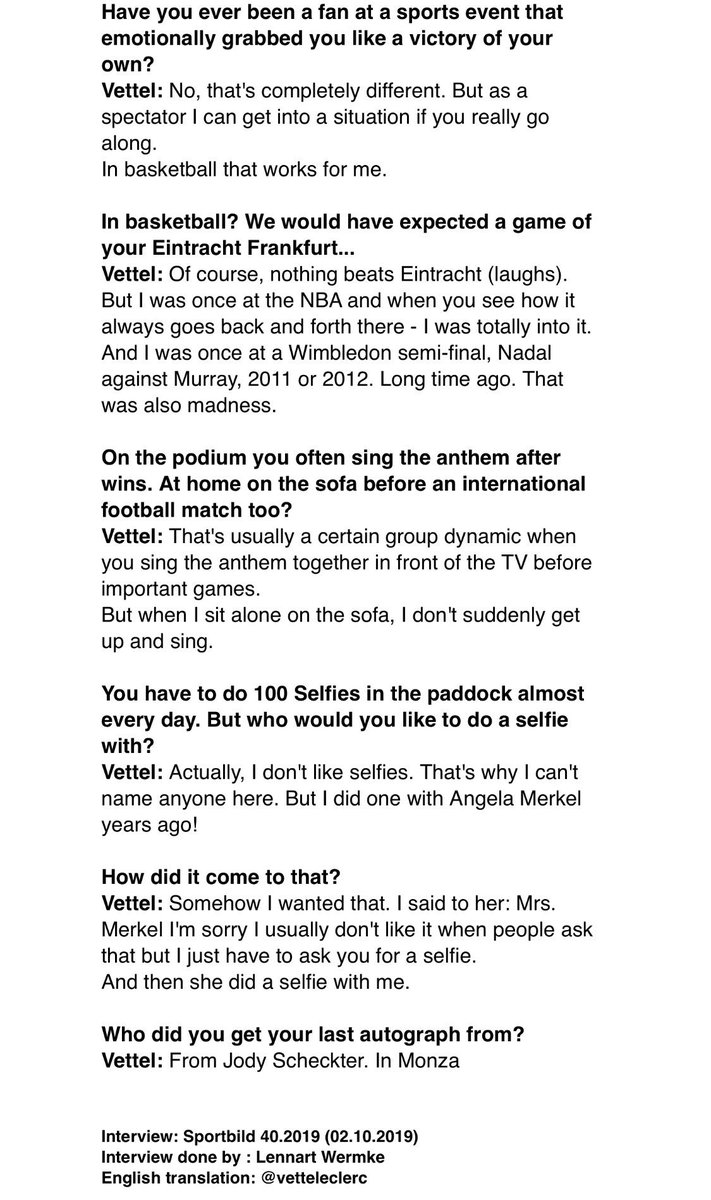 #Sportbild Exclusive Interview With Sebastian Vettel, Where He Talks About The Difficult 2019 Season, His Teammate Charles Leclerc, The Comparison To Michael Schumacher
And A Selfie With Angela Merkel

Interview done by : @lennartwermke 
English Translation: 

#F1 #Seb5