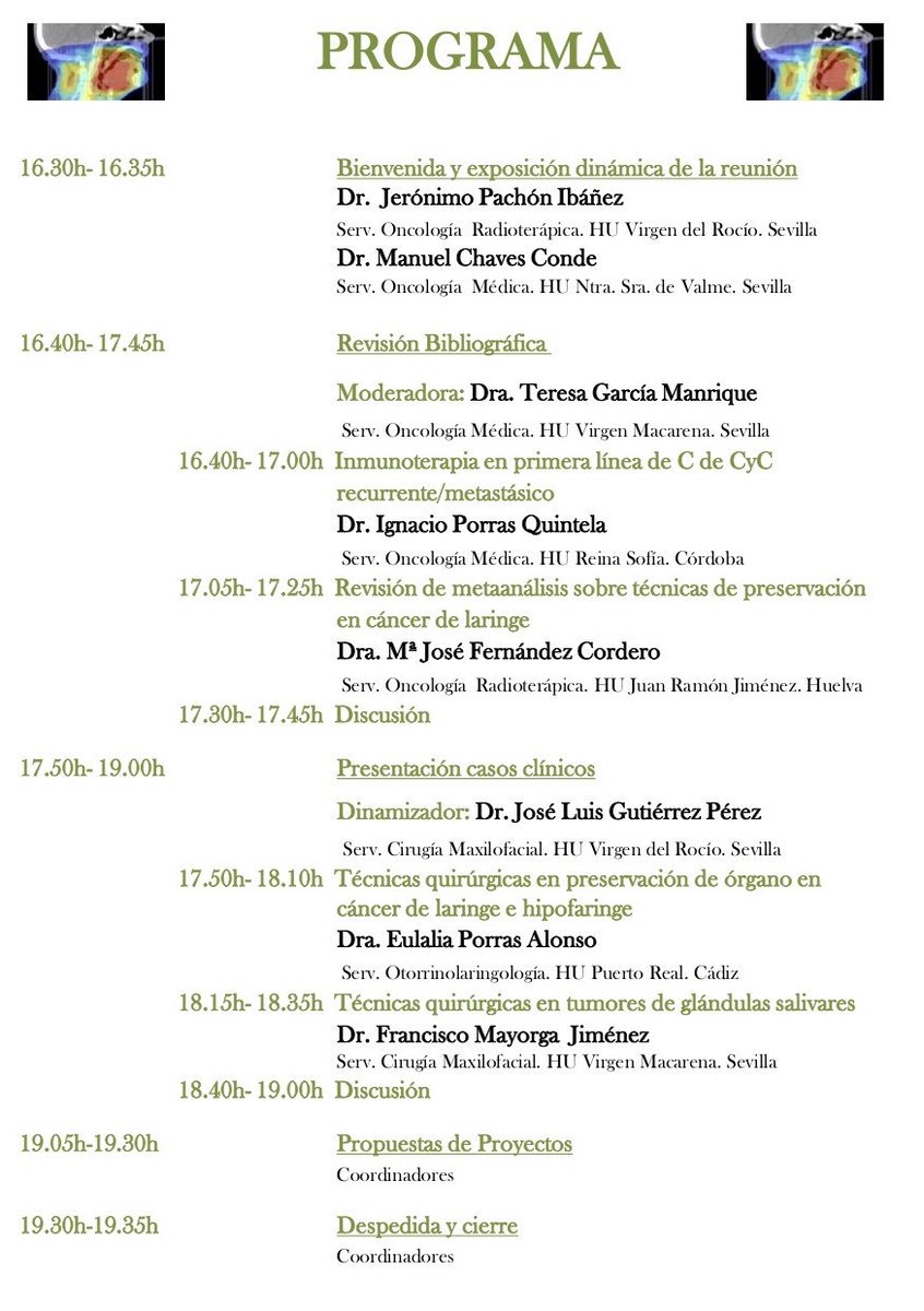La semana que viene tenemos dos citas importantes con profesionales andaluces implicados en el cáncer de cabeza y cuello: Sevilla el lunes día 7 y Granada el jueves 10. Sólo tienes que confirmar asistencia. #cancercabezaycuello <a href="/ttccgroup/">TTCC-GrupoTratamiento Tumores Cabeza y Cuello</a> #GEORCC <a href="/SEORLCCC/">SEORLCCC</a> <a href="/SECOMmxf/">SECOMCyC</a> Programas: