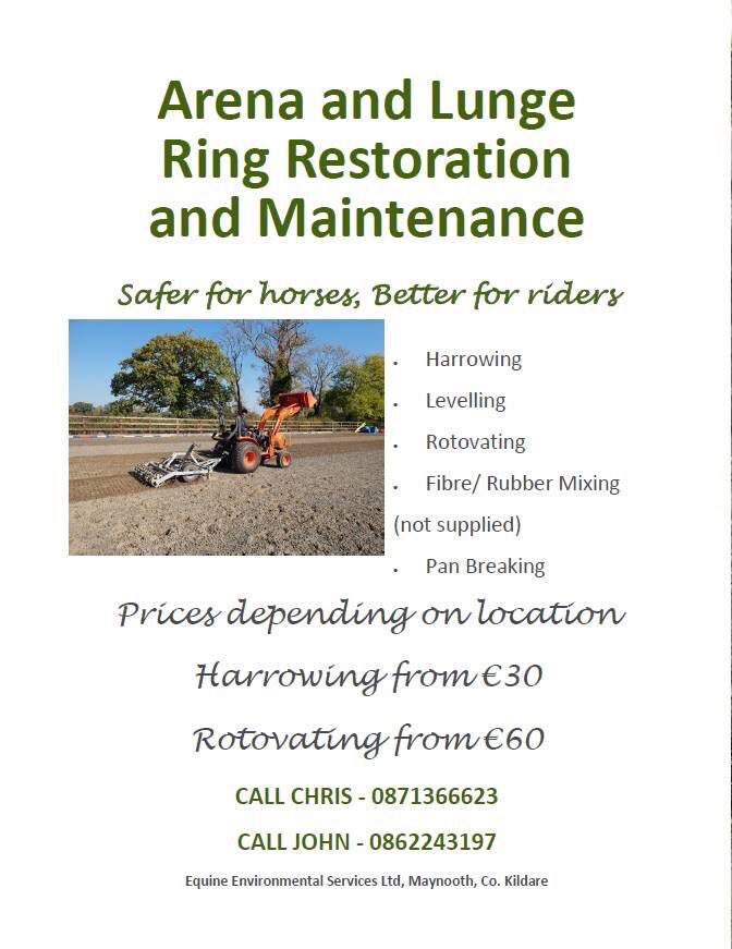 Todays featured business is Equine Environmental Services, Arena and Lunge Ring Restoration and Maintenance.  EES have huge experience in arena and land management.  They come from a bloodstock and sport horse background so understand the importance of the condition of your arena
