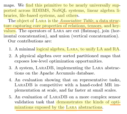 semanticbeeng's tweet photo. "LaraDB: A Minimalist Kernel for Linear and Relational Algebra Computation"
"the Associative Table = a data structure capturing core properties of relations, tensors, and key-values"
#Kotlin #DataFabric abstractions / #relationalalgebra #linearalgebra (#tensor) & key-value β΄ https://t.co/Ndi95dtA5K