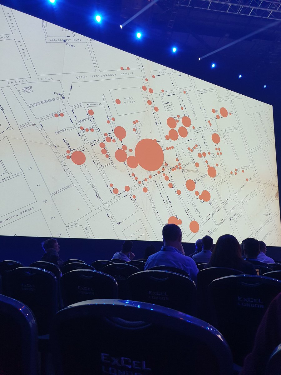J_Sass's tweet photo. I'll say it once and I'll say it a million times we all know I love data. However, data really does save lives! Here is a map from the 1800s of a physician who used data to work out why there were clusters of cholera &amp; brought down incidence rates #DataSavesLives #FutureDecoded https://t.co/zEUtThpE2N