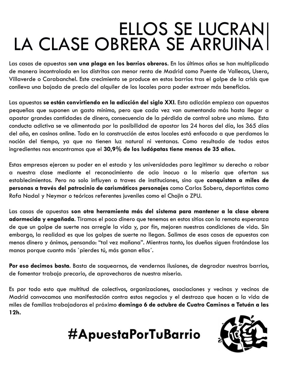 ChisperasChambe's tweet photo. El domingo 6 de Octubre está convocada una gran manifestación contra las casas de apuestas a las 12h, de Cuatro Caminos a Tetuán. 168 adhesiones a la misma (colectivos, asociaciones, AMPAS...) #6OContraLasCasasdeApuestas #ApuestaPorTuBarrio https://t.co/FV19MPW6Ku