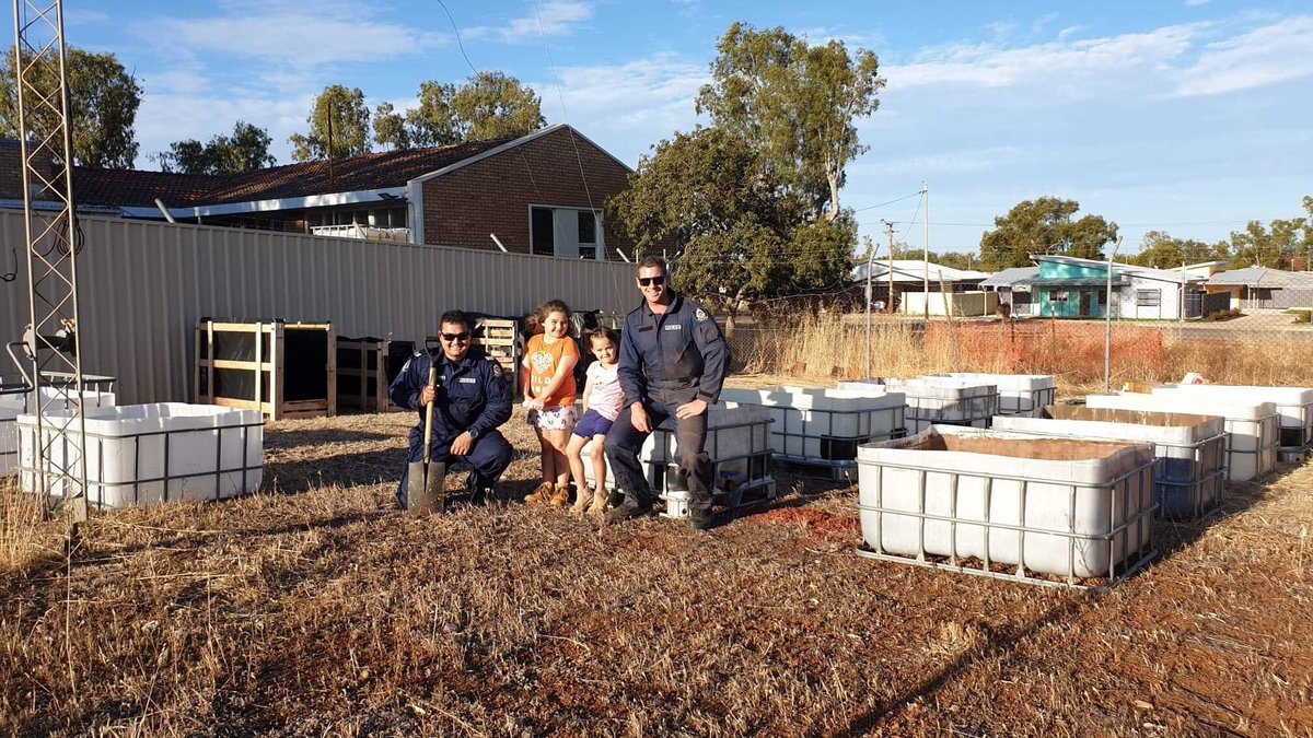 MullewaPol's tweet photo. @MullewaPol Great school holiday activities day at the station working on our community vege garden. Our wicking beds are almost ready. Thanks to everyone who helped out. Looking forward to starting the project when the schools go back. #fb #schoolholidays #comunitygarden https://t.co/rnYSeDrwOZ