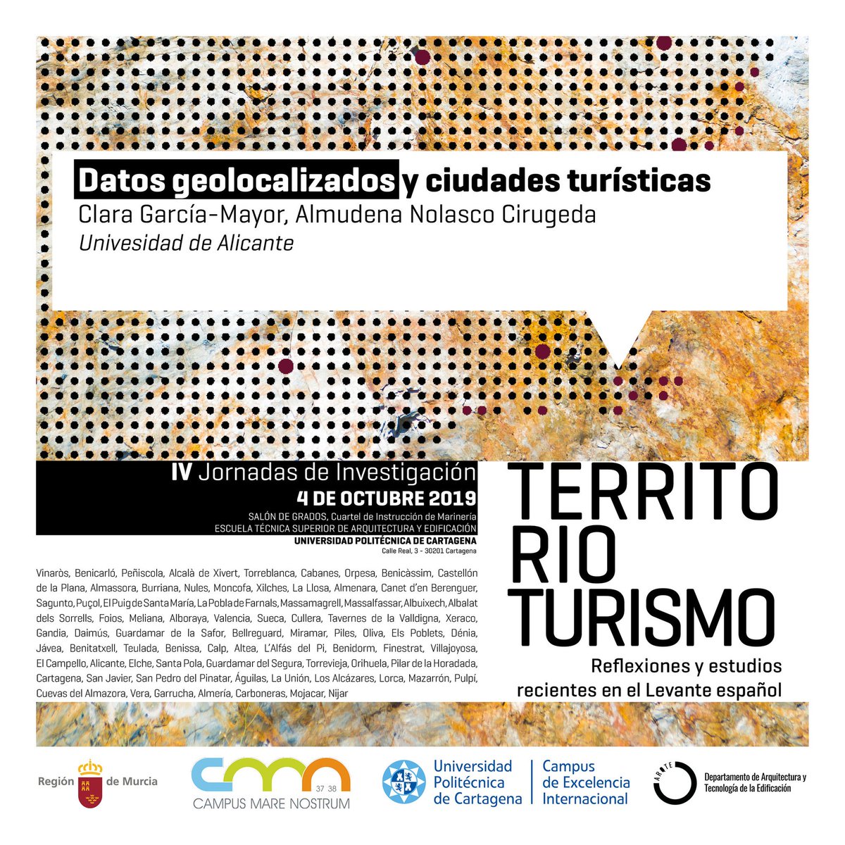 FerM_GM's tweet photo. ¿Sabes qué dicen los datos geolocalizados que subes a redes de nuestro comportamiento en ciudades turísticas? @claragarmayor y @almunol nos lo dirán

4/Oct, IV Jornada de Investigación Territorio-Turismo en la @ETSAE_upct (a partir de las 9:30), @UPCTnoticias https://t.co/1LZmJ3Opw9
