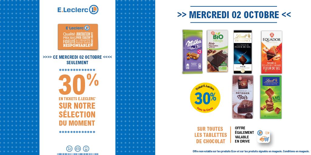 Leclerc's tweet photo. 😋🍫 Et si on prolongeait d'une tablette (ou deux) la #JournéeMondialeDuChocolat ? Offre à croquer aujourd'hui seulement dans les magasins et @leclercdrive participants. Réservée aux porteurs de la Carte E. Leclerc → https://t.co/m6JfgoIedE #Offre https://t.co/5eesZ3zTke