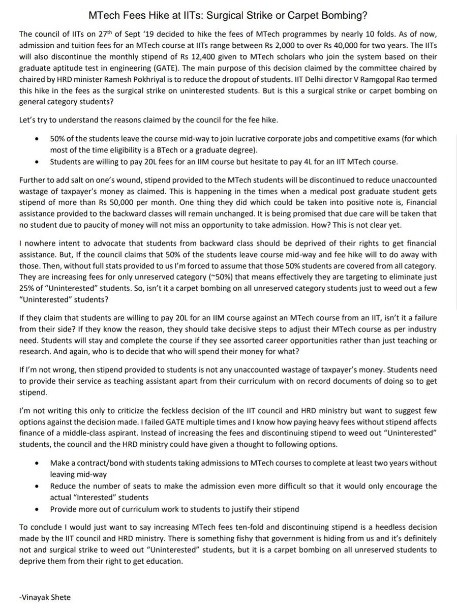 vinayakshete1's tweet photo. An open letter to @HRDMinistry on recent events of hike in MTech fees &amp; discontinuing stipend " MTech fees hike at IITs: Surgical strike or carpet bombing" @ndtvindia @ndtv @ravishndtv  @PMOIndia @narendramodi_in #MtechMsStipendhike #mtechfeehike #mtechfeeshike #IITFeeHike https://t.co/tZZNeVlOQJ