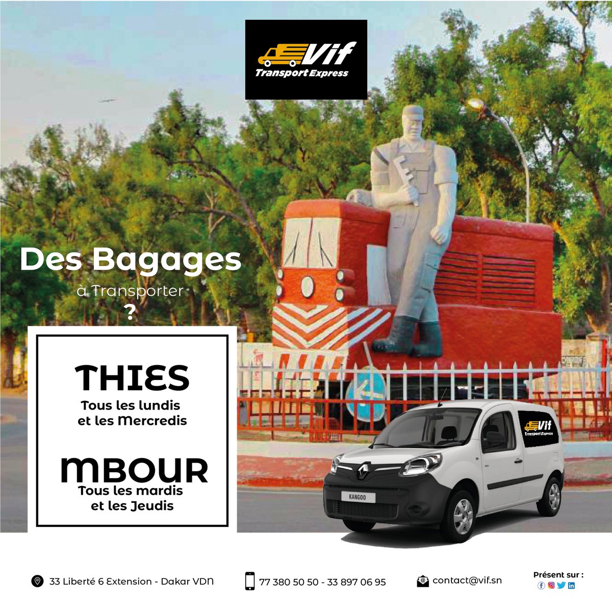 VifTransExpress's tweet photo. Rallier Thiès et Mbour n'a jamais été aussi facile !
Profitez de nos navettes hebdomadaires à des tarifs très abordables..
☎️ 77 380 50 50 / 33 897 06 95 / 📧 contact@vif.sn
#vif #mougaaw #kebetu #transportexpress #senegal #livraison #distribution #dakar #thiès #mbour https://t.co/GcDmeINPJ6