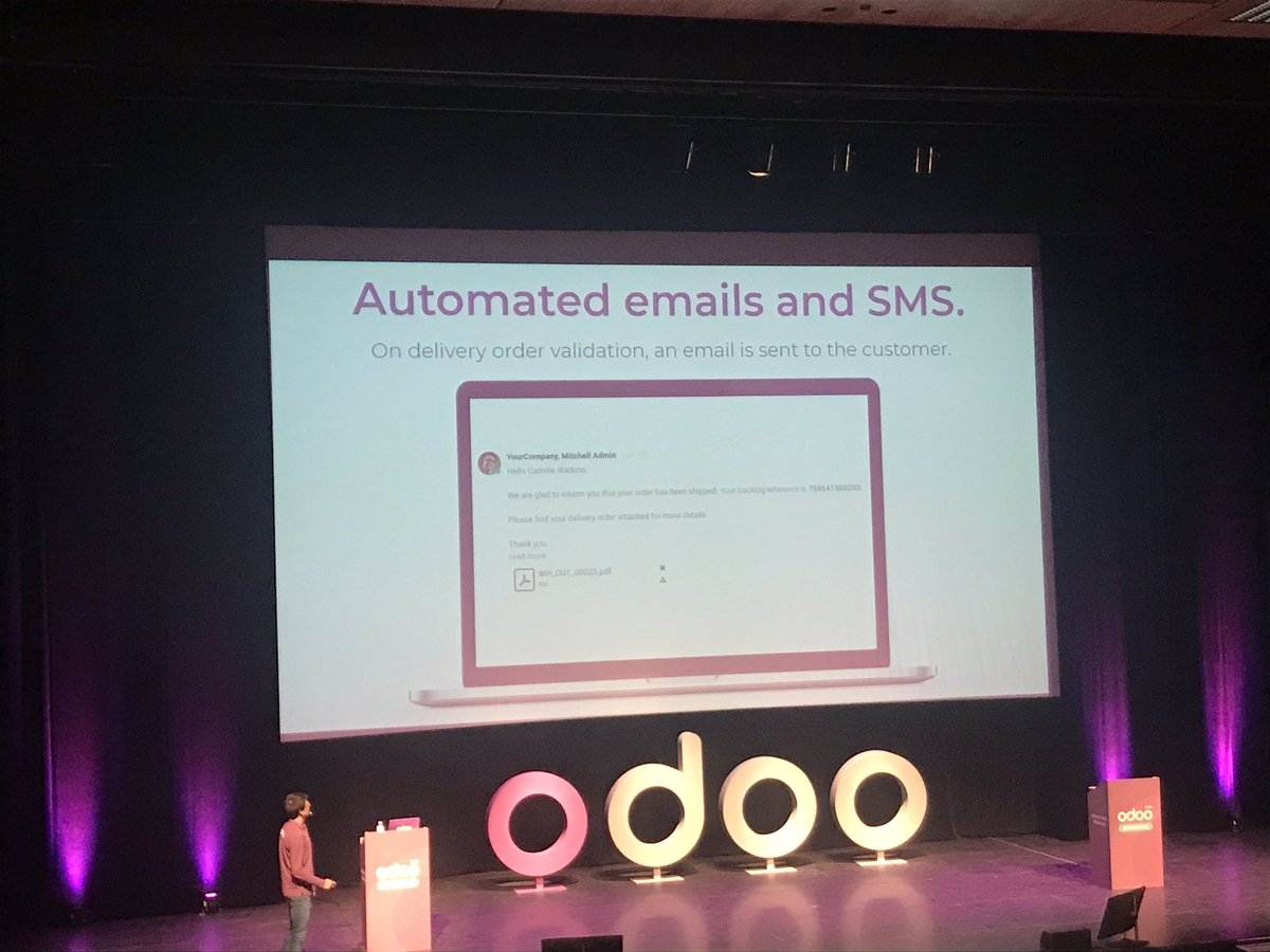 Odoo's tweet photo. Want to be organized in your business? In version 13, when you validate a delivery order, an email or sms is sent automatically to the customer ! #odoo #OdooExperience https://t.co/7zY57Up6CP