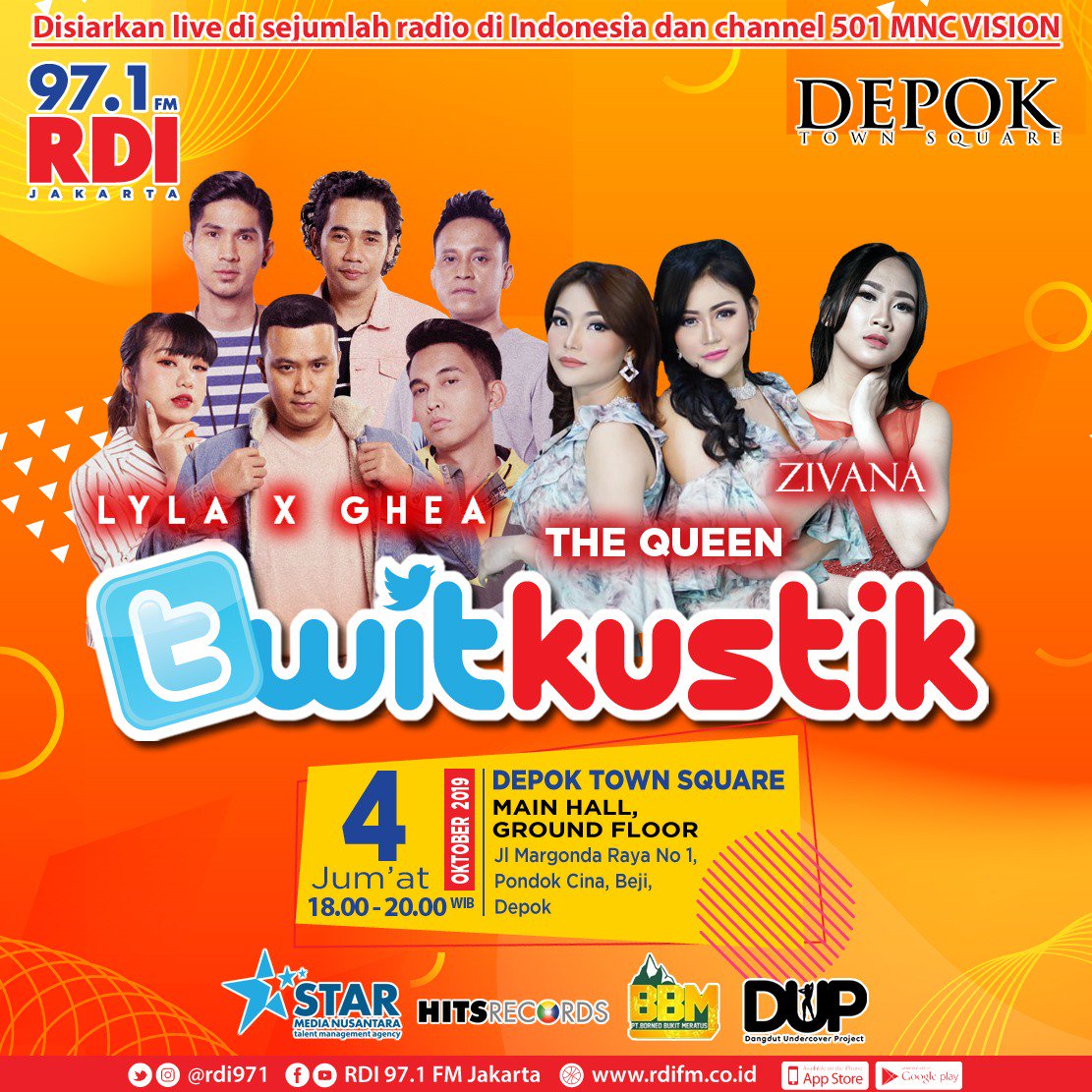 Halooo hai hai buat semua Sobat RDI!

Selama bulan oktober 2019, setiap Jumat #RDITwitkustik ada di Depok Town Square

Ramaikan ya!! Mulai jam 18:00-20:00 WIB bareng penyiar Ekseizz Aina Titta dan Kong Jaing!